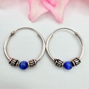 Bali Style Sterling Silver Blue Cat’s Eye Bead Hoop Earrings Tested Bohemian